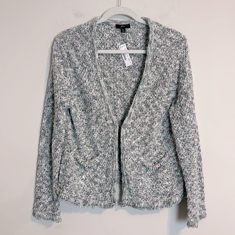 J. Crew V-neck cotton blend cardigan one hook closure fringe detail